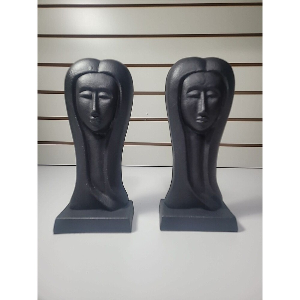 Cast Iron Lady Face Bookends Woman Bust Black Metal Figures